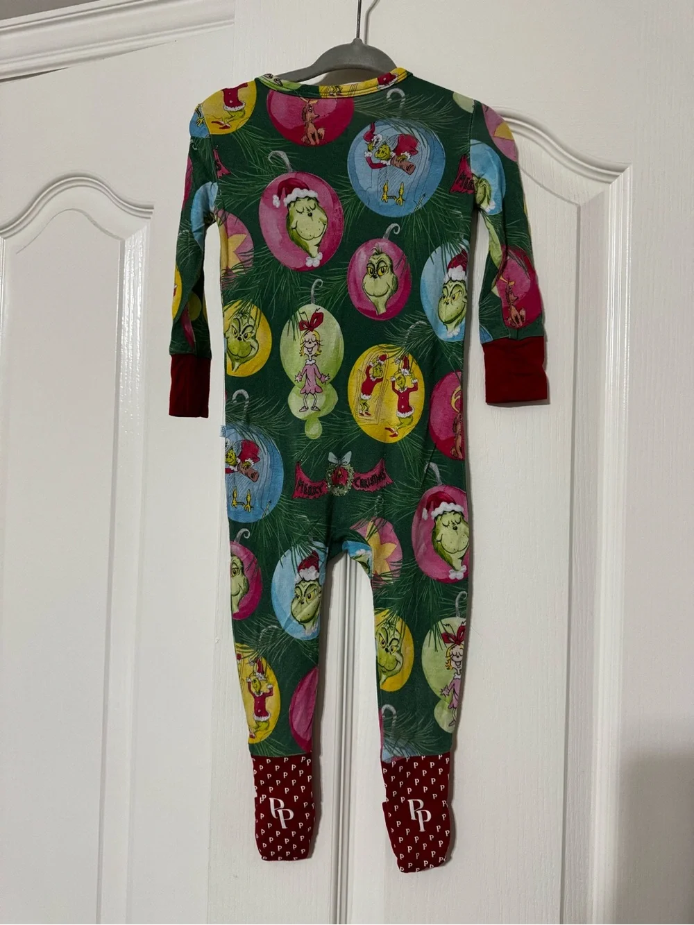 Posh Peanut Green Grinch Print One-Piece Footie with Red Cuffs